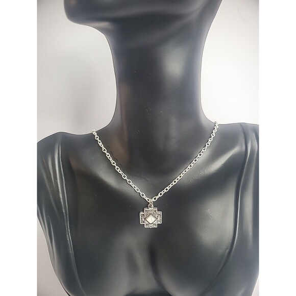 Handmade Chain Necklace Silver Tone Pendant Cross Shape White Stone Middle - Picture 2 of 11